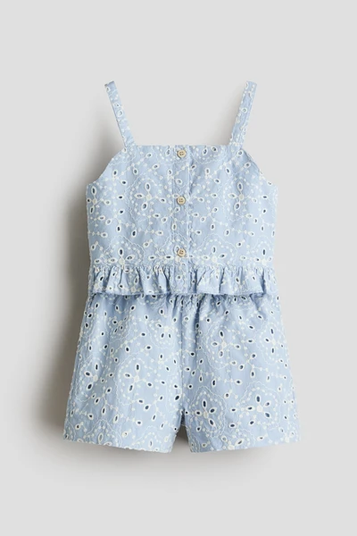 Ensemble 2 pièces avec broderie anglaise - Bleu clair/blanc - ENFANT | H&M BE