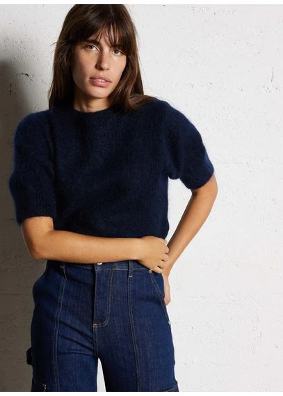 Pull col rond droit en laine mélangée | Bleu