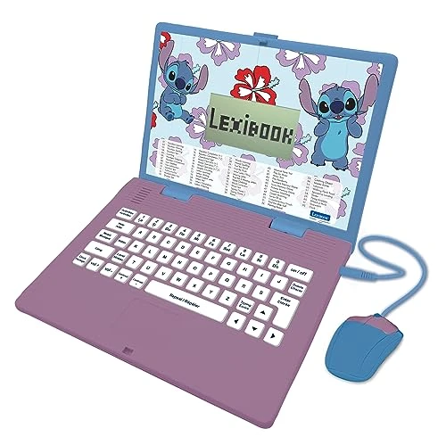 Lexibook, Disney Stitch, Ordinateur éducatif bilingue FRANÇAIS/Anglais, Jouet pour Enfants avec 124 activités pour Apprendre, s'amuser et Jouer du Piano, Bleu/Violet, JC598Di1