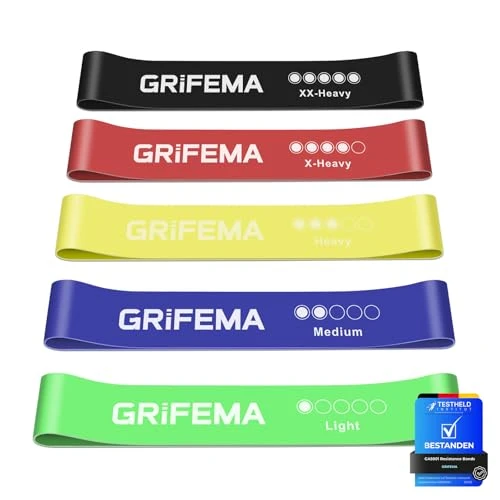 GRIFEMA GA5001, 5 Bandes Élastiques de Musculation, 5 Niveaux de Résistance pour la Musculation, Le Pilates, Le Yoga et Plus Encore, Vert-Bleu-Jaune-Rose-Noir