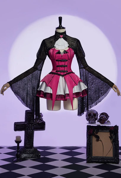 MH Drac Girl Derivative Gothic Corset Skirt Set Irregular Bat Shape Top and Layered Skirt with Mesh Cover Up