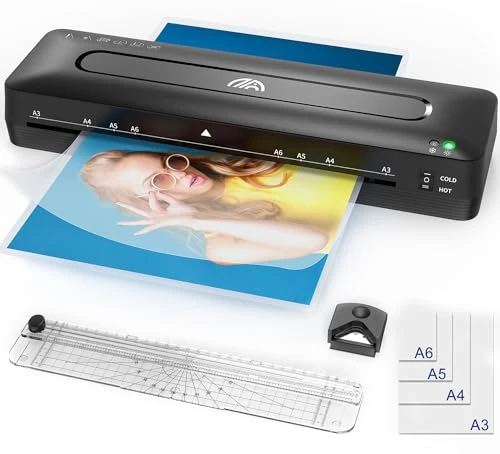 Plastifieuse A3, 5 en 1 Photo Machine à Plastifier Thermique et à Froid avec Pochettes pour A3/A4/A5/A6, Coupe-papier et Arrondisseur d'angle de Plastification pour Bureau Maison Carte Menu École
