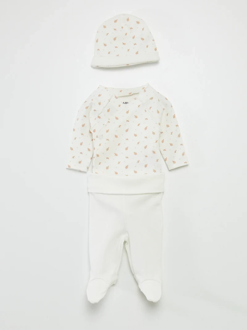Ensemble body + pantalon avec pieds + bonnet - Blanc 'feuille'