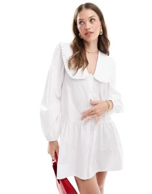 Miss Selfridge - Robe chemise babydoll courte en popeline avec col - Blanc | ASOS