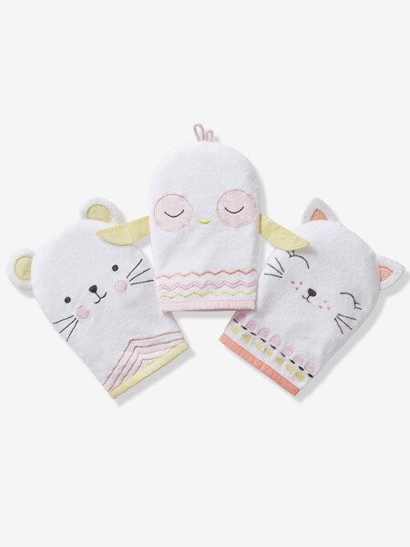 Lot de 3 gants de toilette animaux blanc - Vertbaudet