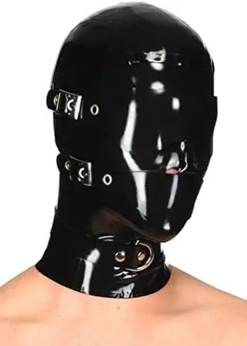 Masque à capuche sexy en latex noir avec cache-yeux amovible et cache-bouche
