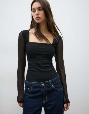 Stradivarius - Body en tulle à encolure carrée - Noir