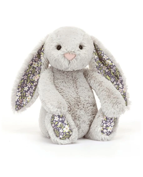 Conejito peluche gris plata con orejas y patitas con flores de Jellycat