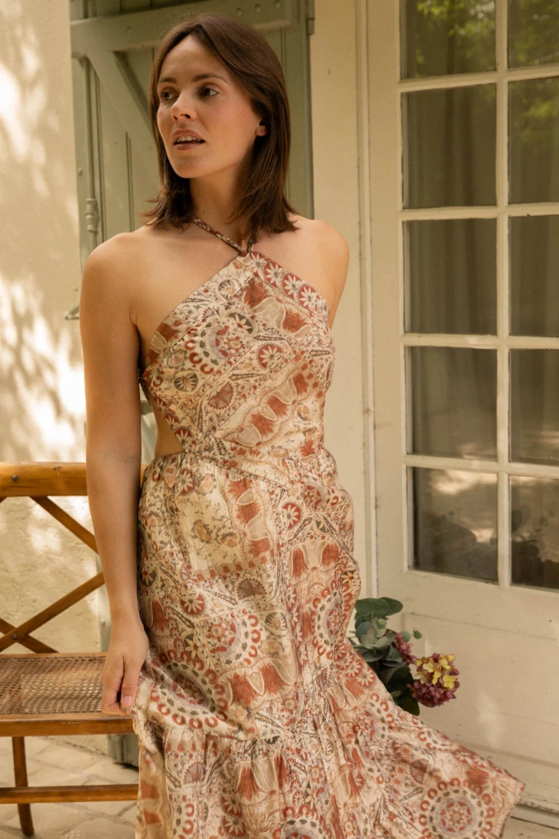Robe Longue Imprimee Dos Nu - Beige - Boutique Libertie