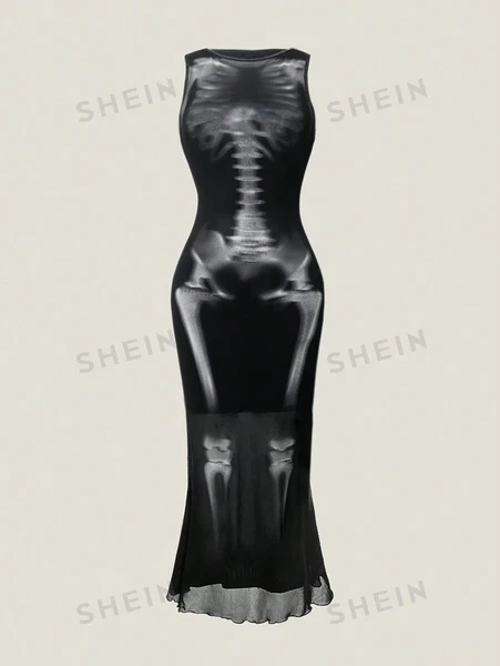SHEIN Essnce Robe longue femme décontractée à la mode gothique noire de couleur unie, col rond, sans manches, imprimée squelette avec fente haute, mariée cadavre à l'intérieur, vêtements d'Halloween pour femmes, robe d'Halloween | Mode en ligne | SHEIN FRANCE