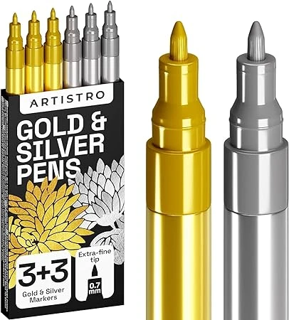 Feutres Acryliques Métalliques pour Roche, Pierre, Céramique, Verre, Bois, Tissu, Toile, Métal, Scrapbooking (pack de 6) Lot de 3 Marqueurs Or et 3 Argent à Base d'Eau à Pointe Extra-Fine de 0,7 mm