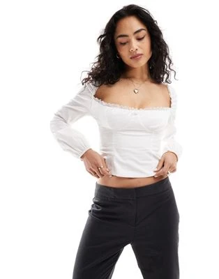 Bershka - Top tendance folk à manches longues - Blanc
