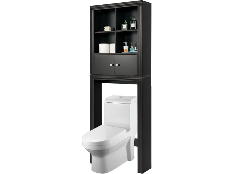 Costway meuble wc au-dessus de toilettes en bois, meuble de salle de bain avec 4 compartiments et placard à porte, étagère réglable, dispositif anti-basculement inclus, 60 x 20 x 165 cm (marron)