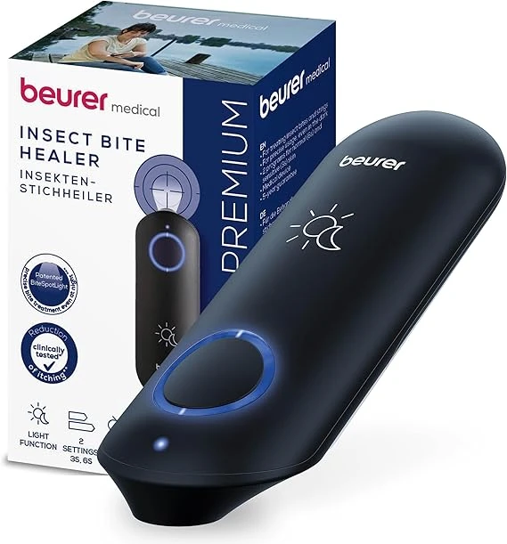 Beurer BR 90 Dispositif contre les démangeaisons, pour le traitement des piqûres et des morsures d'insectes, anti moustique, sans substances chimiques, avec lumière pratique et désactivable