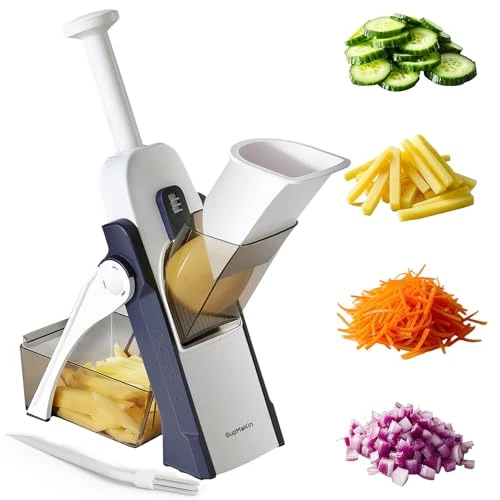 SupMaKin Mandoline de Cuisine Safety Slicer Manuelle Multifonction Tous Coupe Légumes Lame en acier inoxydable, Julienne, Cubes, Fcoupe Patate Frite carotte, Euroshopping - bleu