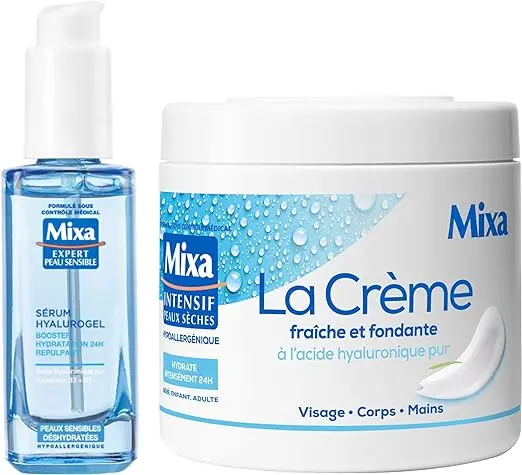 Mixa Expert Peau Sensible – Coffret Routine 2 Produits à l’Acide Hyaluronique Pur – Sérum Hyalurogel 30ml + La Crème Fraîche et Fondante 400ml – Visage & Corps – Hydratation 24h – Hypoallergénique
