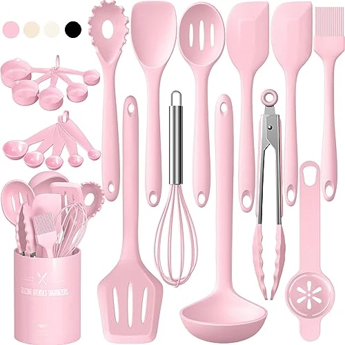 Lot de 22 ustensiles de cuisine en silicone, résistants à la chaleur, avec porte-ustensiles, sains et antiadhésifs, passent au lave-vaisselle, rose