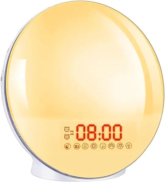 Lampe Radio Réveil Lumière Douceur LED Simulateur d'aube Bawoo Horloge Lampe de Chevet Avec 2 Alarmes 8 Sons 20 Luminosités Pour Bébé Chambre, Plastique, Multicolore