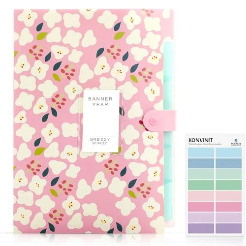 KONVINIT Trieurs à soufflets Format lettre (A4),Extensible avec 5 Compartiments Organiseur Document Imperméable, Souple, et Légère, Trieur à Soufflet,Trieur Fleur,rose