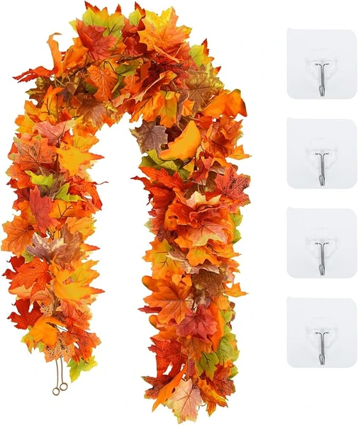 Hywean Homd 2pcs Automne Suspendu Vignes de Feuilles avec 4pcs Crochets Adhésifs Transparents, Feuilles D'érable Vigne Artificielle pour Escaliers Mariage Thanksgiving Dinner Party Decor, 175cm