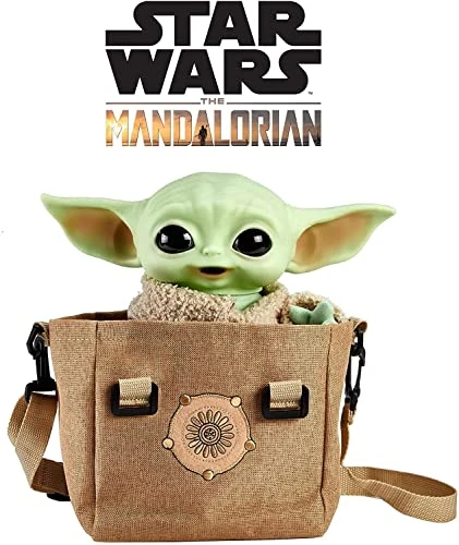 Mattel Star Wars The Mandalorian Bébé Yoda, figurine peluche Grogu sonore 28 cm avec sacoche de transport, jouet pour enfant, HBX33