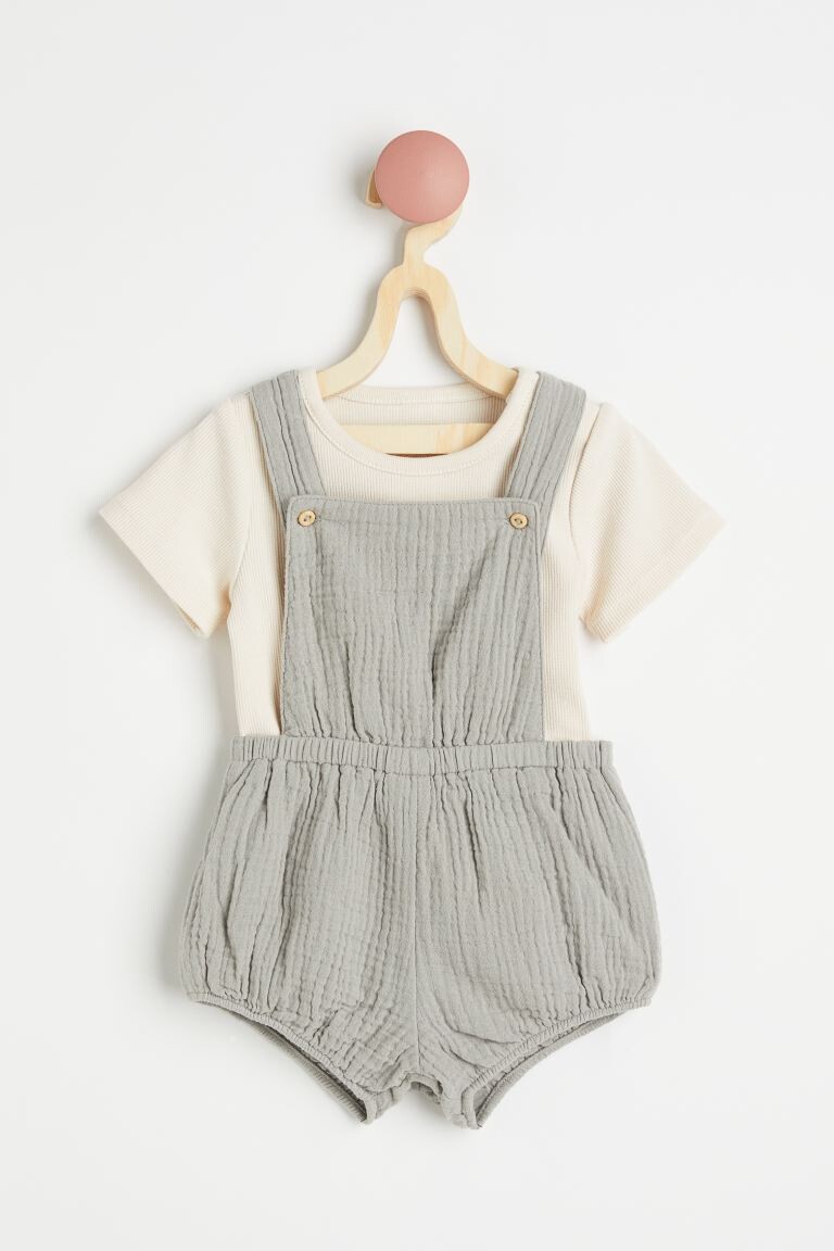 Ensemble 2 pièces en coton - Vert grisé clair/crème - ENFANT | H&M BE