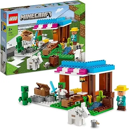 LEGO 21184 Minecraft La Boulangerie, Jouet de Village, Figurines de Creeper, Épée et Animal, Cadeau Anniversaire Garçons et Filles de 8 Ans et Plus