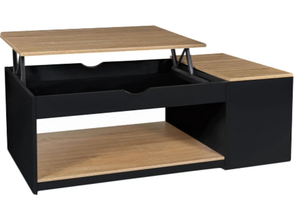 Table basse plateau relevable rectangulaire elea avec coffre bois noir et façon hêtre