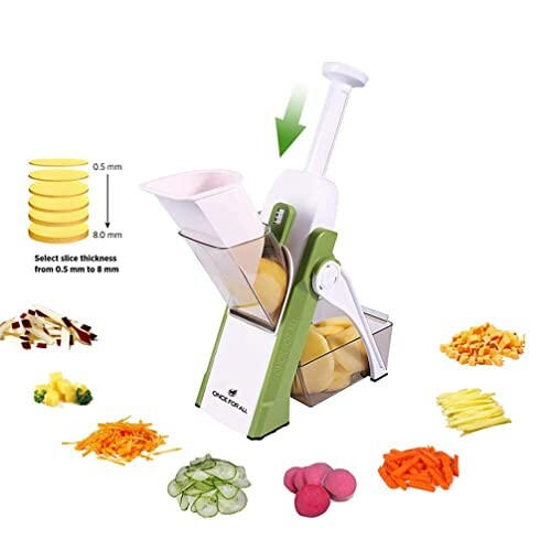 ONCE FOR ALL Mandoline de Cuisine Mandoline Multifonctionsv Manuelle Coupe légumes multifonction inoxydable rondelles, julienne, cubes, frites Mandoline Verticale (A Vert)