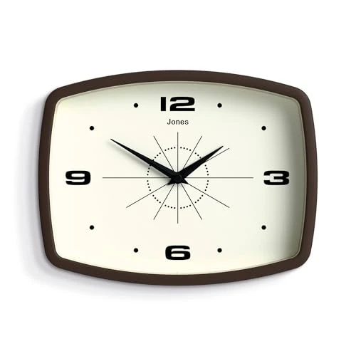 JONES CLOCKS® Movie Horloge Murale | Horloge rétro rectangulaire | 25 cm | Marron Moka | Style Design Cool des années 50 pour la Cuisine, Le Salon ou Le Bureau