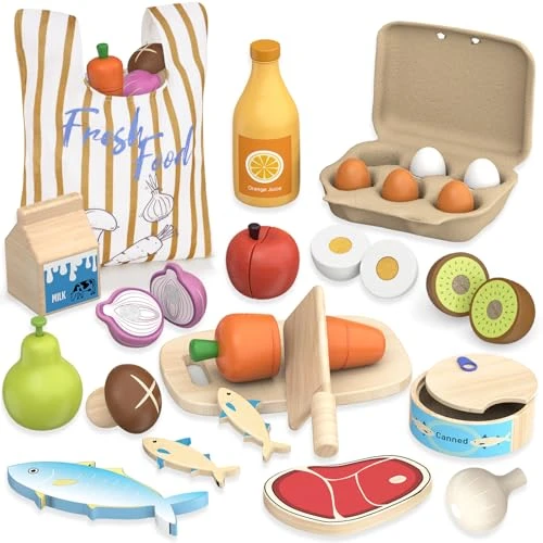 Accessoire Cuisine Dinette Enfant - Jouets en Bois Fruits et Légumes à Découper, Jeu de Éducatif Montessori Cuisine Jeux Nourriture Cadeaux de Noël Originaux Anniversaire pour Fille et Garçon 3 Ans+