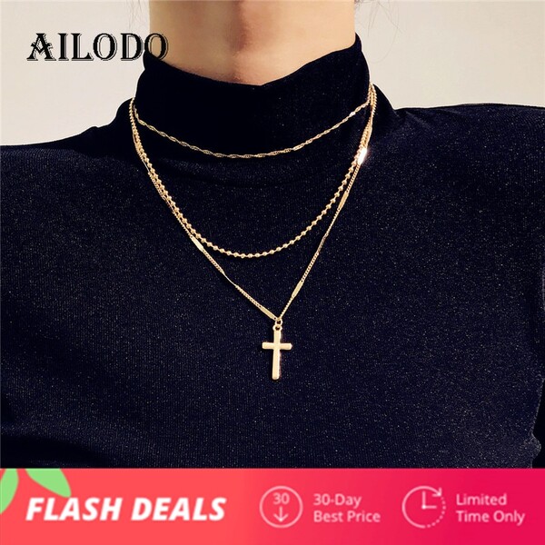 US $1.87 53% OFF|Ailodo Fashion Cross Pendant Necklace For Women Multi Layer Gold Silver Color Chokers Necklace On Neck Collar Bijoux Gift LD213|Pendant Necklaces| - AliExpress