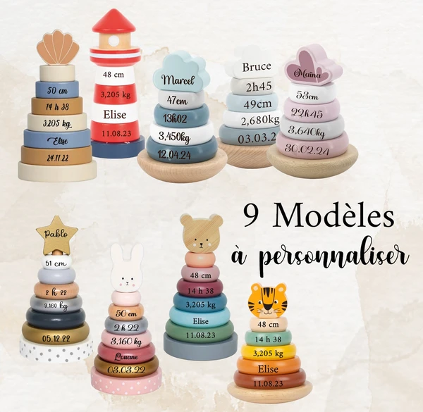 Tour à empiler - jeu pyramide - jouet en bois - personnalisé