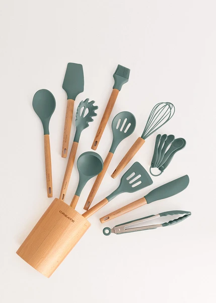 Kitchenware Studio - Ustensiles De Cuisine En Silicone Et Bois - Sauge