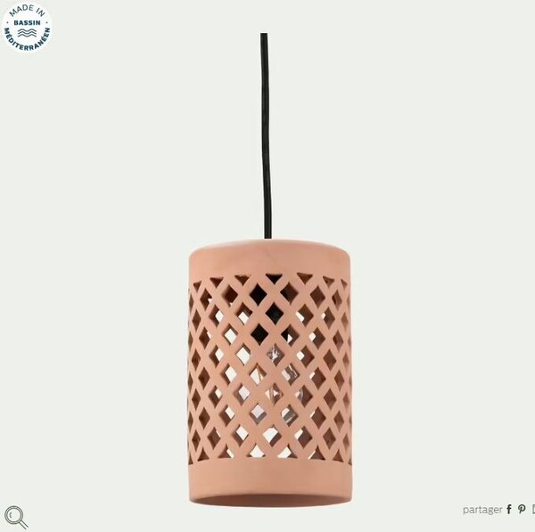Suspension extérieure cylindrique ajourée en terre cuite - rose argile D15cm