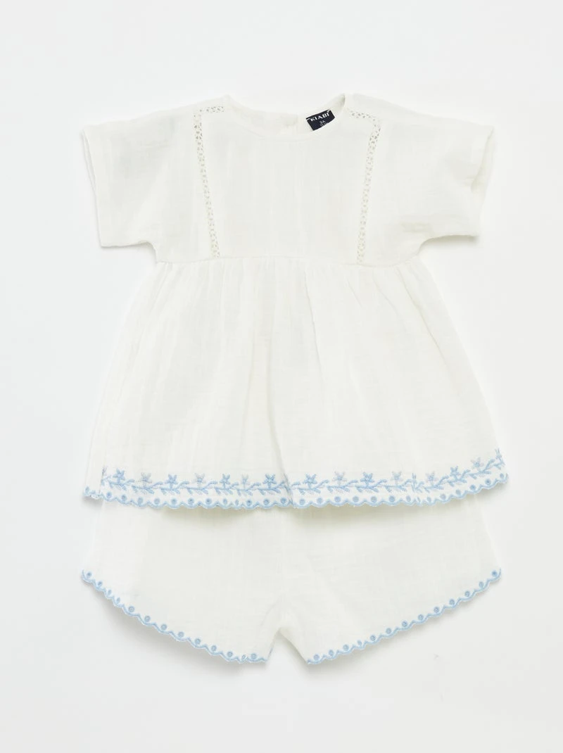 Ensemble blouse + short avec broderies anglaises - 2 pièces