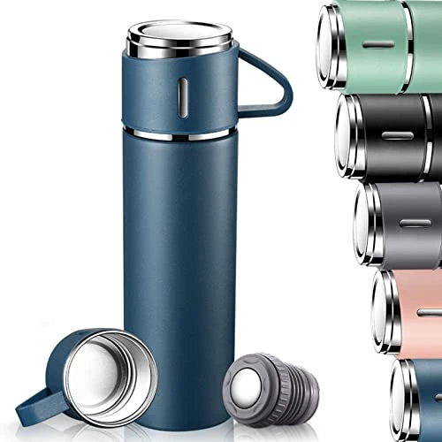 Gourde Isotherme 500ml, Bouteille Isotherme Inox avec Tasse et Couvercle, sans BPA, Mug Isotherme Etanche de Voyage pour Café et Thé, Gourde Inox pour Enfant, Travail, Ecole, Randonnée (Bleu)