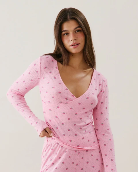 T-shirt cache-cœur en pointelle motifs fraises