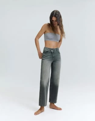 Pull&Bear - Jean droit à taille croisée - Gris