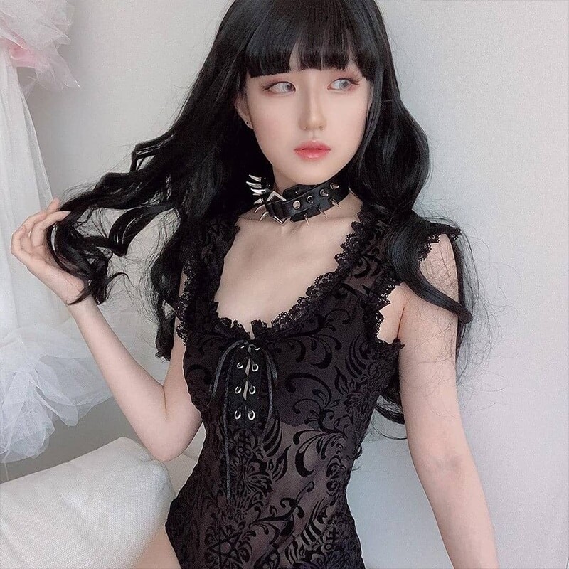 InsGoth – Body noir en dentelle moulante sexy pour femme, style streetwear gothique, en maille ajourée, patchwork, sans manches, idéal pour les soirées