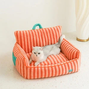 Plush Striped Cat Bed with Backrest – Cozy Sofa-Style Pet Lounger for Cats & Small Dogs
