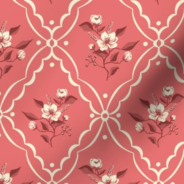 Fabric in Cottage Diamond Floral - Medium - Coral - Cottagecore - Cottage Core