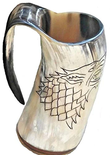 alfiya nautical store Mug Game of Thrones avec corne à boire Stark Wolf Viking - Pour bière, vin, hydromel A