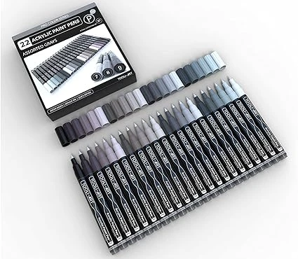 TOOLI-ART Lot de 22 stylos à peinture acrylique Pro Color Series assortis, pointe extra fine 0,7 mm pour peinture sur rocher, verre, tasses, bois, métal, toile (gris)