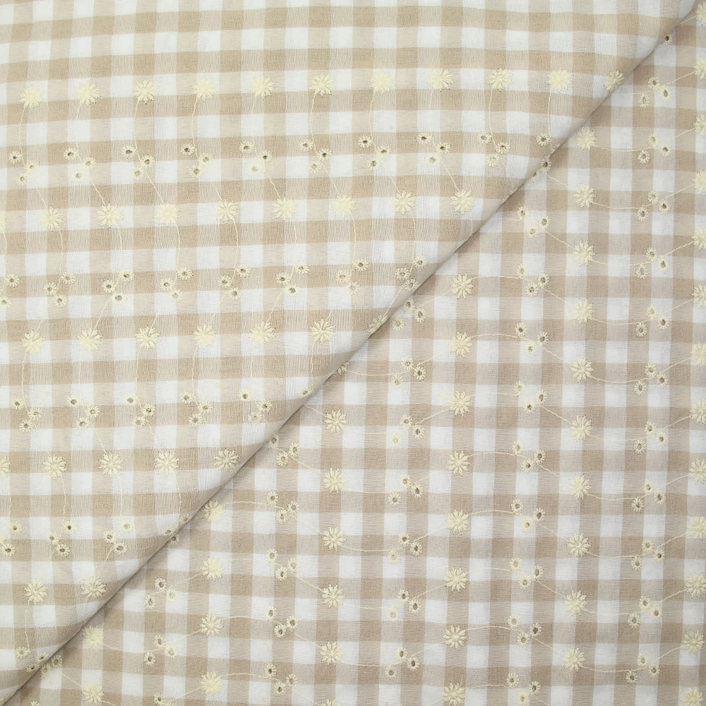 Coton Vichy brodé Flore beige