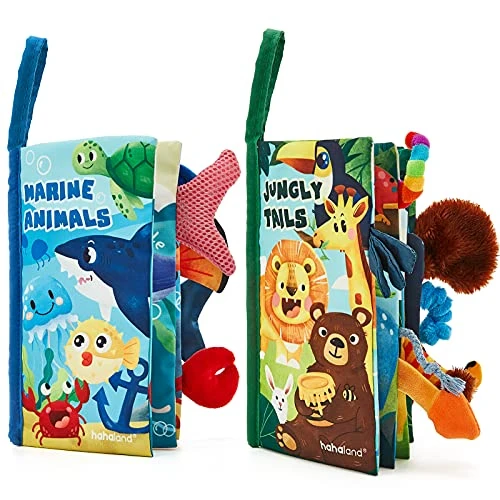 hahaland Jouet de Livre Tissu pour Bébé 0 3 6 Mois Jouet Poussette pour Bébé 8 9 Mois Livre Suspendre Set Doux Froissé Convient pour Un Cadeau de Naissance Fille Garçon, 2PCS