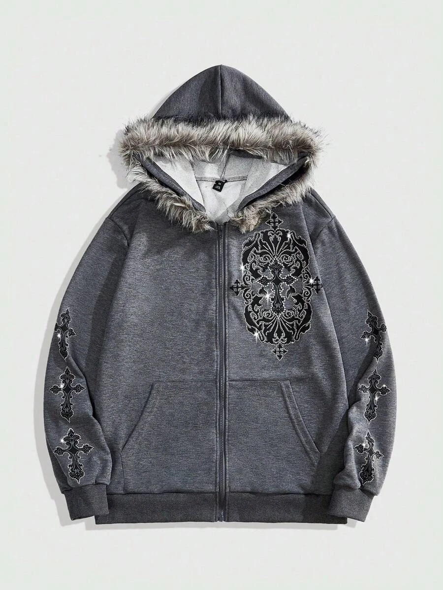 ROMWE MEN Goth Sweat-shirt à capuche homme en patchwork imprimé croix et effet duveteux pour l'automne | Mode en ligne | SHEIN FRANCE