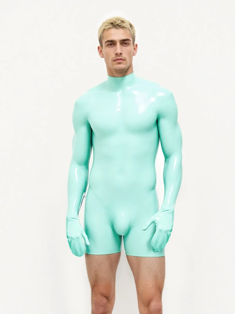 Combinaison courte en latex à manches mitaines et col montant pour homme