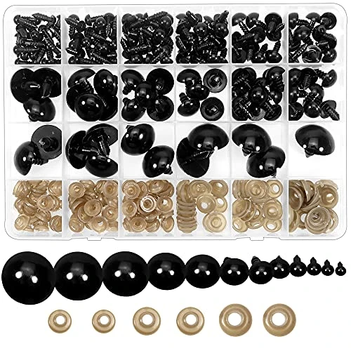 TOAOB 150pcs 6 à 24mm Noir Yeux de Sécurité d'animaux en Peluche en Plastique Rond avec Rondelles pour Artisanat Bijoux DIY Fabrication de Poupée Marionnettes