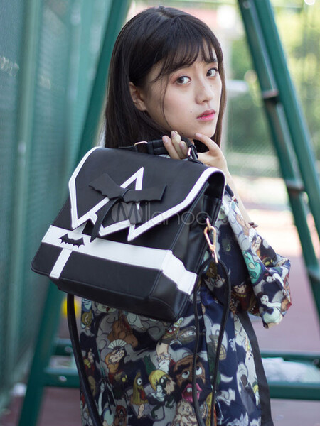  Sac à main classique Lolita Bow Bat Pattern Two Tone PU Conversible Lolita Sac à dos